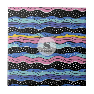 Vibrant Abstract Wavy Lines with Polka Dots Ceramic Tile