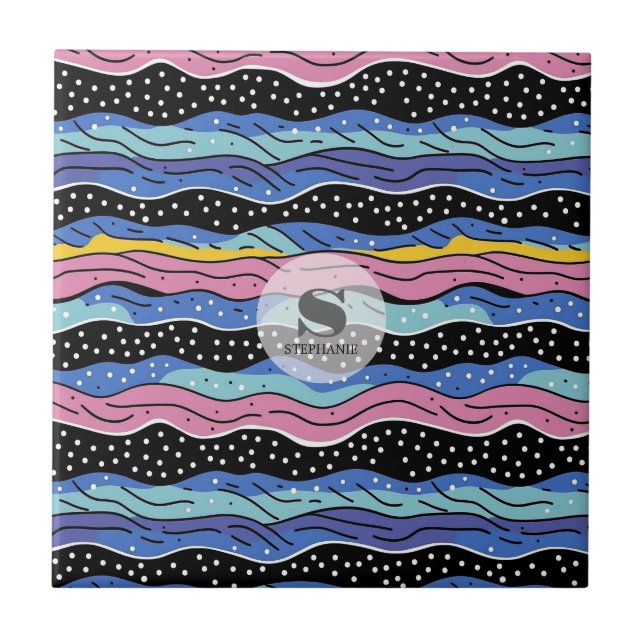 Vibrant Abstract Wavy Lines with Polka Dots Ceramic Tile (Front)