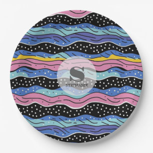 Vibrant Abstract Wavy Lines with Polka Dots Paper Plate