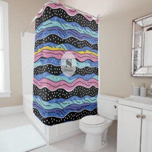 Vibrant Abstract Wavy Lines with Polka Dots Shower Curtain