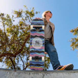 Vibrant Abstract Wavy Lines with Polka Dots Skateboard