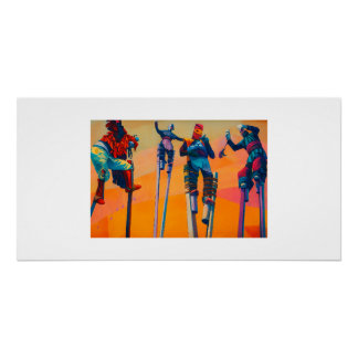 Vibrant African Stilt Dancers in Traditional Masks Poster