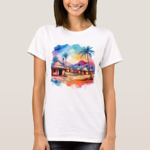 Vibrant African Village Watercolour Painting T-Shirt