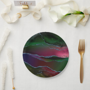 Vibrant Agate Rich Pink and Green Jewel Tone Paper Plate
