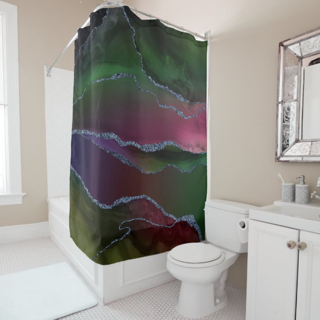 Vibrant Agate | Rich Pink and Green Jewel Tone Shower Curtain (In Situ)