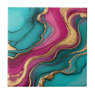 Vibrant Alcohol Ink Abstract Teal Magenta Gold Ceramic Tile