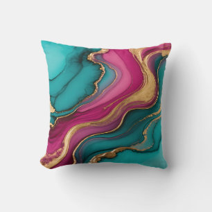 Vibrant Alcohol Ink Abstract Teal Magenta Gold Cushion