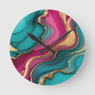 Vibrant Alcohol Ink Abstract Teal Magenta Gold Round Clock