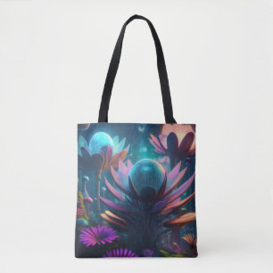 Vibrant Alien Bioluminescent Flowers Tote Bag