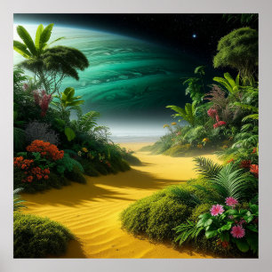 Vibrant Alien Landscape with Lush Vegetation Poster
