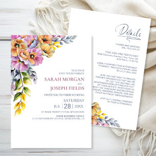 Vibrant All in One Pink and Orange Floral Wedding Invitation