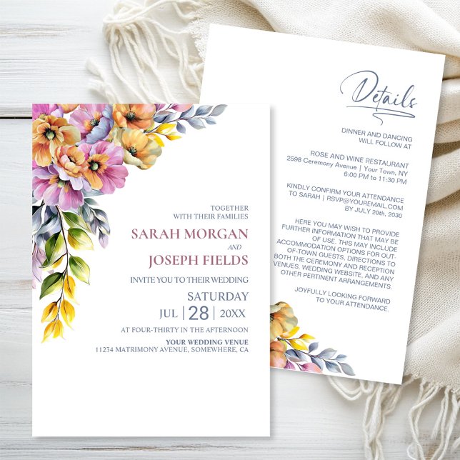 Vibrant All in One Pink and Orange Floral Wedding  Invitation (Creator Uploaded)