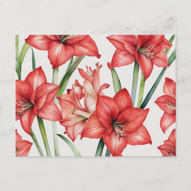 Vibrant Amaryllis Watercolor Pattern in Red Postcard (Front)