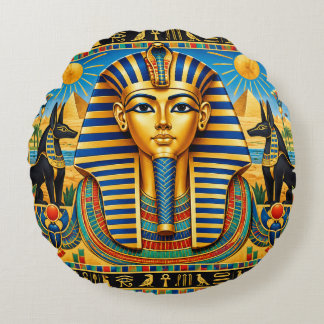 Vibrant Ancient Egyptian Pharaonic with Anubis Round Cushion