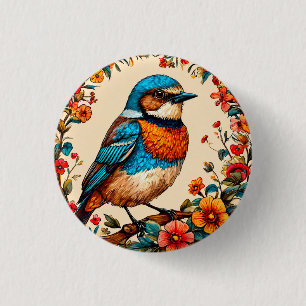 Vibrant and colourful illustration of a bird 3 cm round badge