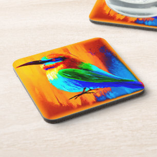 Vibrant and Joyful Rainbow Bird Painting. Buy Now Coaster
