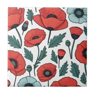 Vibrant and red Poppy Flowers Illustration Pattern Ceramic Tile