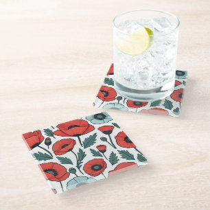Vibrant and red Poppy Flowers Illustration Pattern Glass Coaster