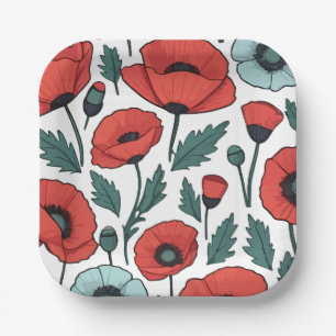 Vibrant and red Poppy Flowers Illustration Pattern Paper Plate