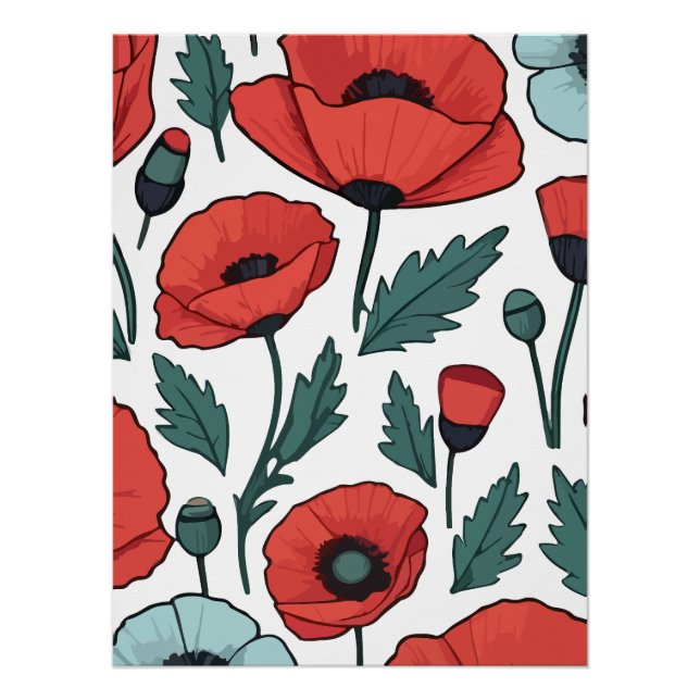 Vibrant and red Poppy Flowers Illustration Pattern Poster (Front)