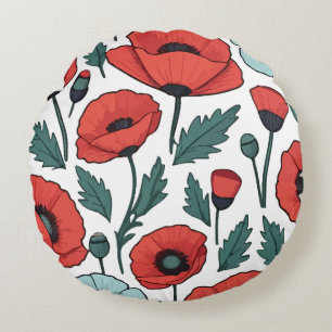 Vibrant and red Poppy Flowers Illustration Pattern Round Cushion