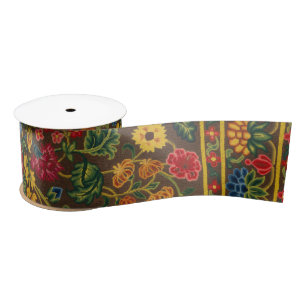 Vibrant Antique Botanical Garden Pattern Satin Ribbon