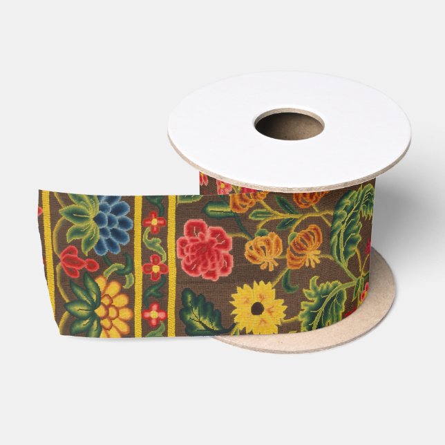 Vibrant Antique Botanical Garden Pattern Satin Ribbon (Spool)
