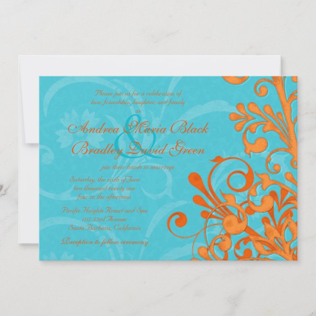 Vibrant Aqua and Orange Floral Wedding Invitation (Front)
