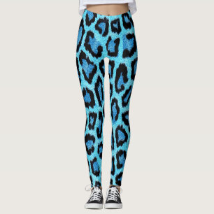 Vibrant Aqua Blue Leopard Fur Print Leggings