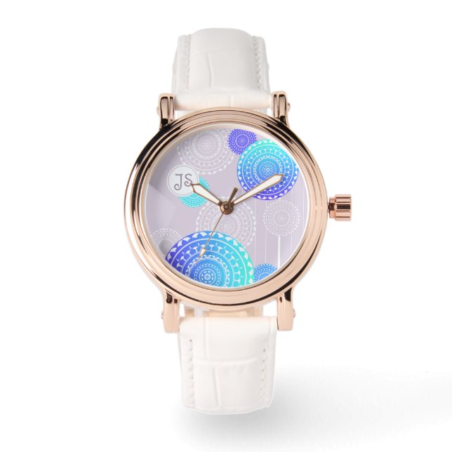 Vibrant Aqua Blue Mandala on Pink Monogram Watch (Front)