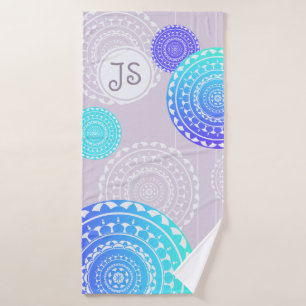 Vibrant Aqua Blue Random Mandala Monogram Bath Towel