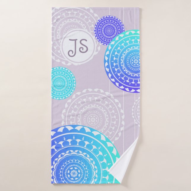 Vibrant Aqua Blue Random Mandala Monogram Bath Towel (Bath Towel)