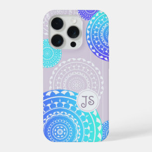 Vibrant Aqua Blue Random Mandala on Pink Monogram iPhone 15 Pro Case