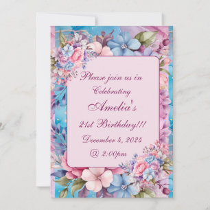 Vibrant Aqua & Pink Floral Birthday Invitation
