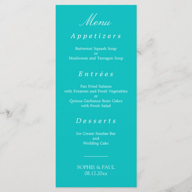 Vibrant Aqua Wedding Menu (Front)