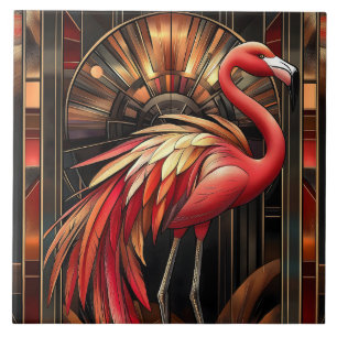 Vibrant Art Deco Flamingo Illustration Ceramic Tile