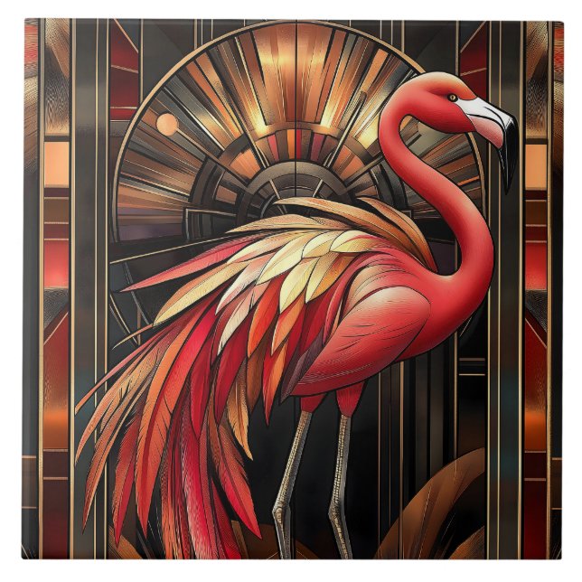 Vibrant Art Deco Flamingo Illustration Ceramic Tile (Front)