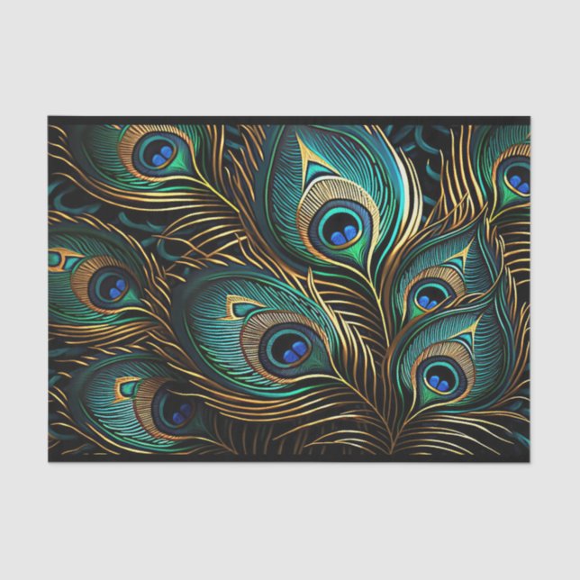 Vibrant Art Deco Peacock Feathers Tissue Paper (Front)