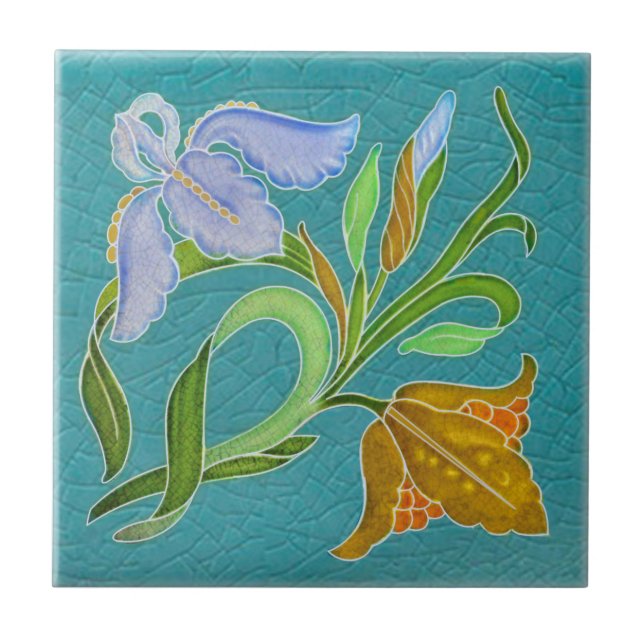Vibrant  Art Nouveau Iris Floral Antique Repro Ceramic Tile (Front)