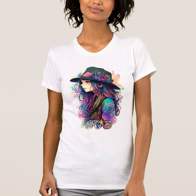 Vibrant Artistic Girl in Wide-Brimmed Hat - Women’ T-Shirt (Front)