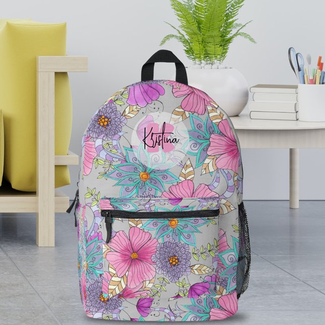 Vibrant Artistic Watercolor and Black Ink Flowers Printed Backpack (Creator Uploaded)