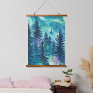 Vibrant Aurora Borealis Pine Forest Night Sky Hanging Tapestry
