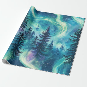 Vibrant Aurora Borealis Pine Forest Night Sky Wrapping Paper