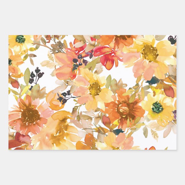 Vibrant autumn floral patterns wrapping paper sheet (Front)
