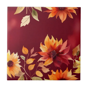 Vibrant Autumn Flowers on Burgundy Ceramic Tile