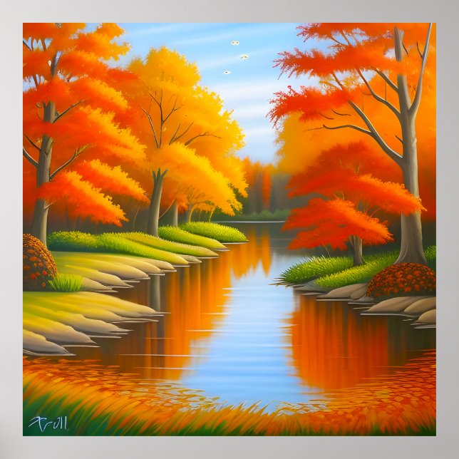 Vibrant Autumn Foliage in a Tranquil Landscape Poster (Front)