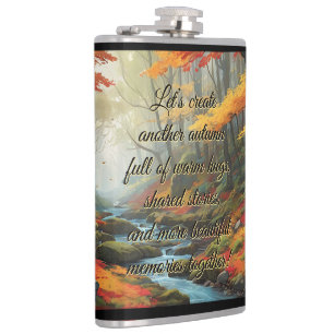 Vibrant Autumn Forest Peaceful Stream Typography Hip Flask