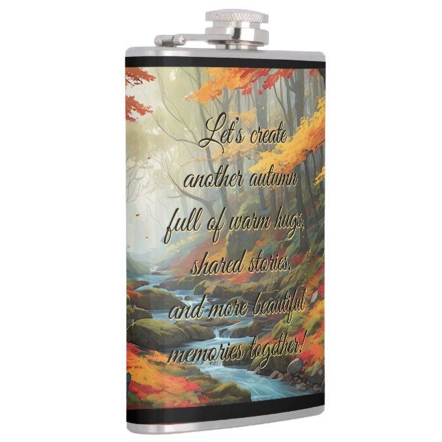 Vibrant Autumn Forest Peaceful Stream Typography Hip Flask (Right)