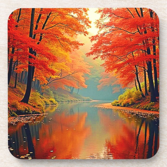 Vibrant Autumn Forest River Coaster (Front)