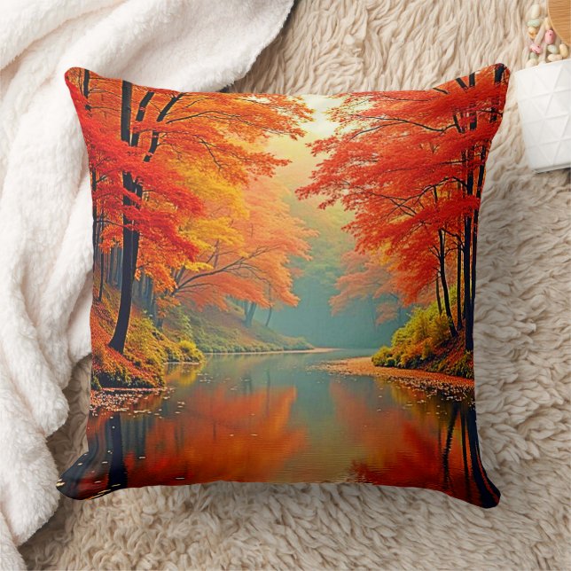 Vibrant Autumn Forest River Cushion (Blanket)